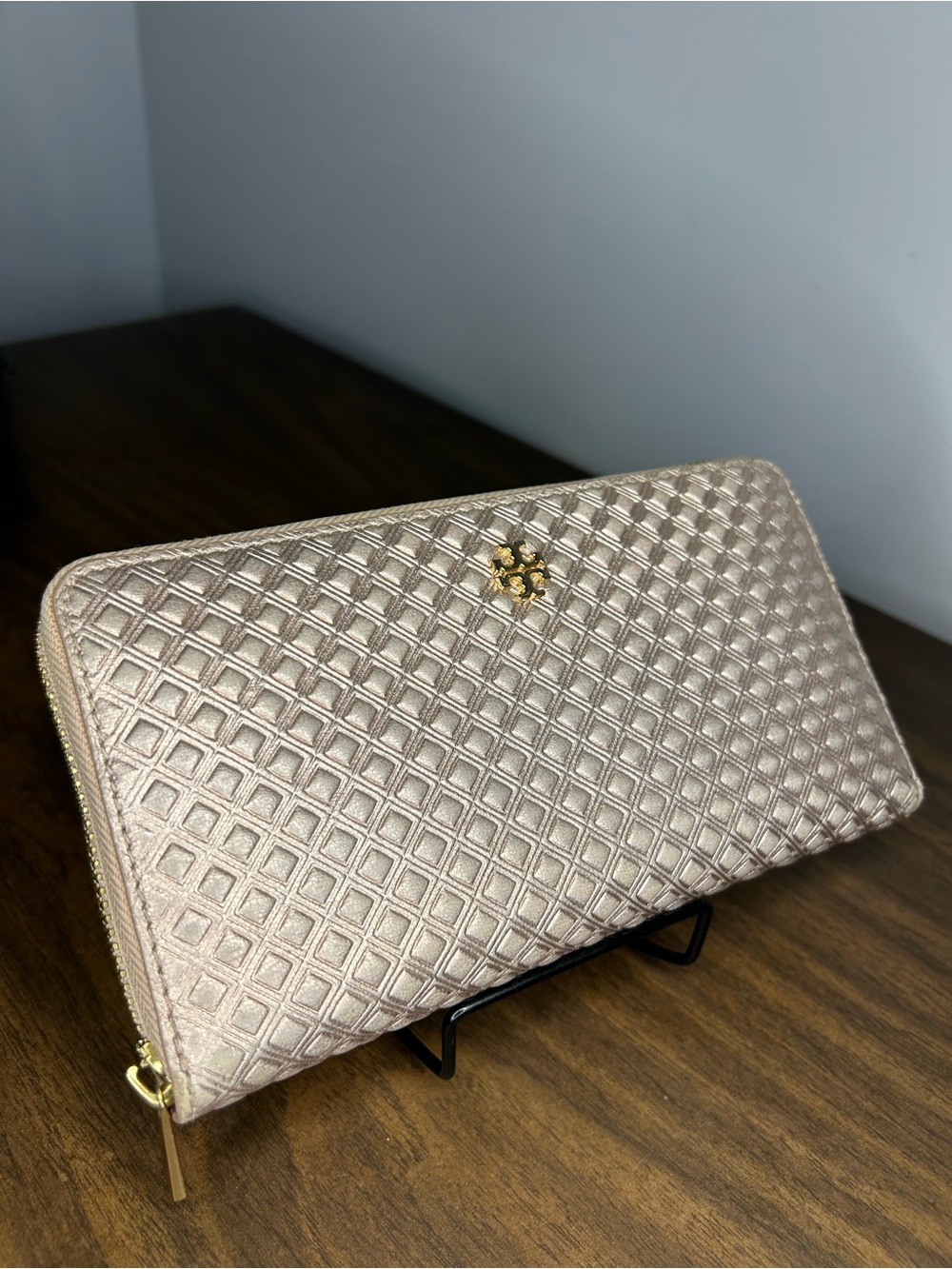Tory Burch Metallic Rose Gold Quilted Leather Continental Wallet
